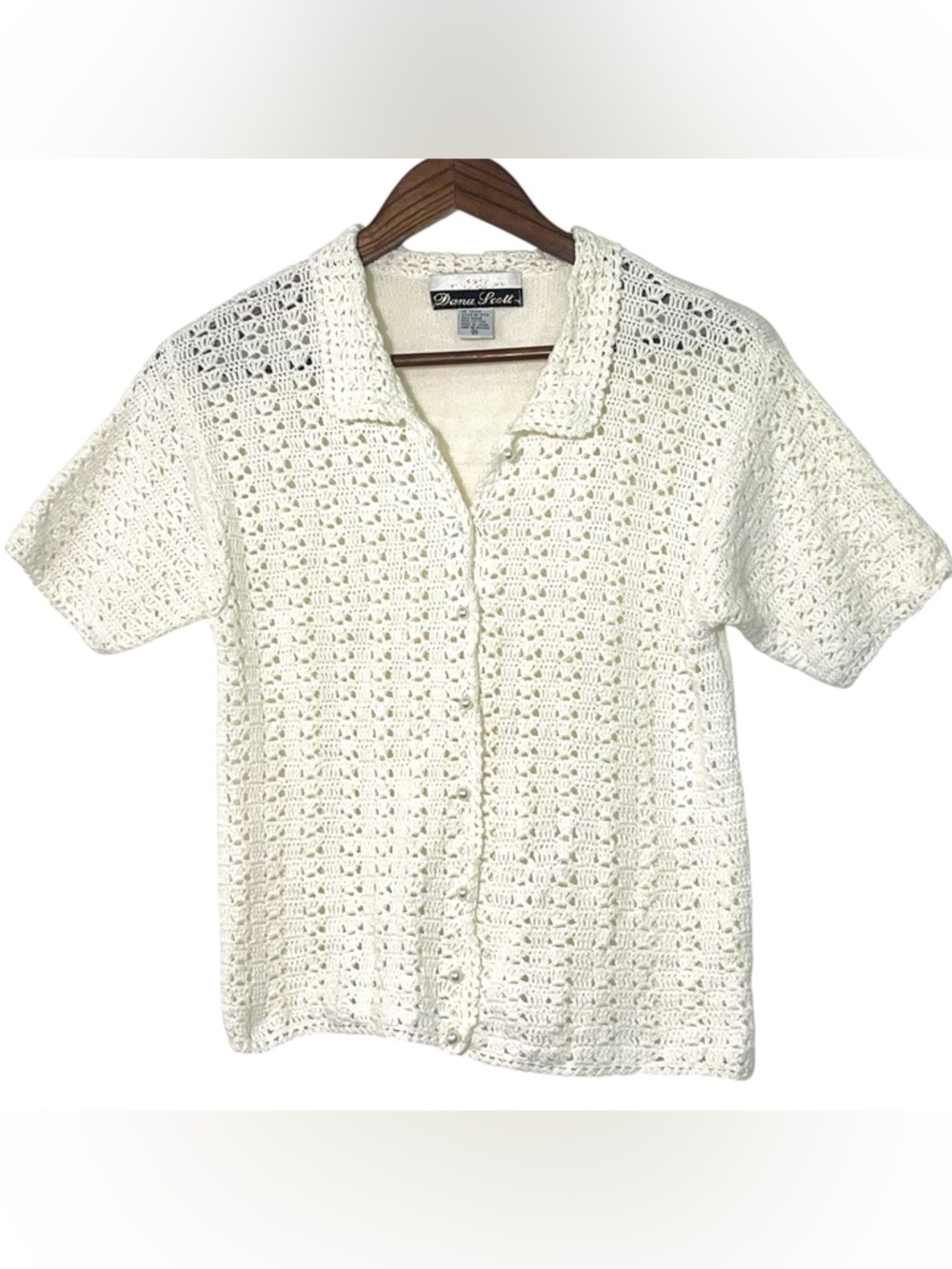 Vintage Dana Scott Cream Crochet Knit Button Front Cardigan Shirt Cottagecore